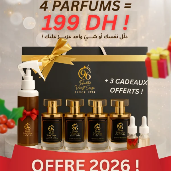 Pack Luxe 4 Parfums – 199 DH avec 3 Cadeaux Offerts